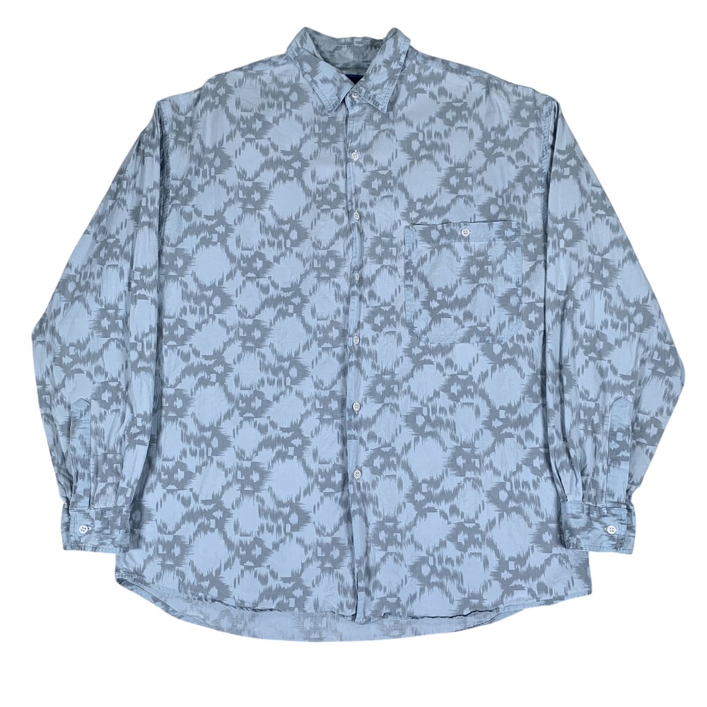 Vintage Santana Button Down Shirt Mens Large Blue Abstract Ikat Long Sleeve